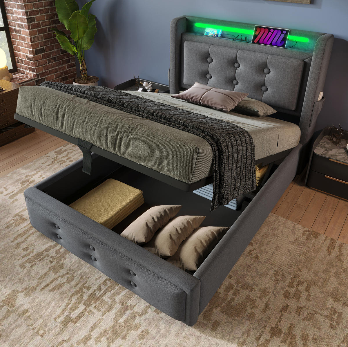 POLSTERBETT aus Baumwoll-Leinen 90x200 cm in Grau mit LED & USB-C - Grau, Textil (90/200cm) - Modfu
