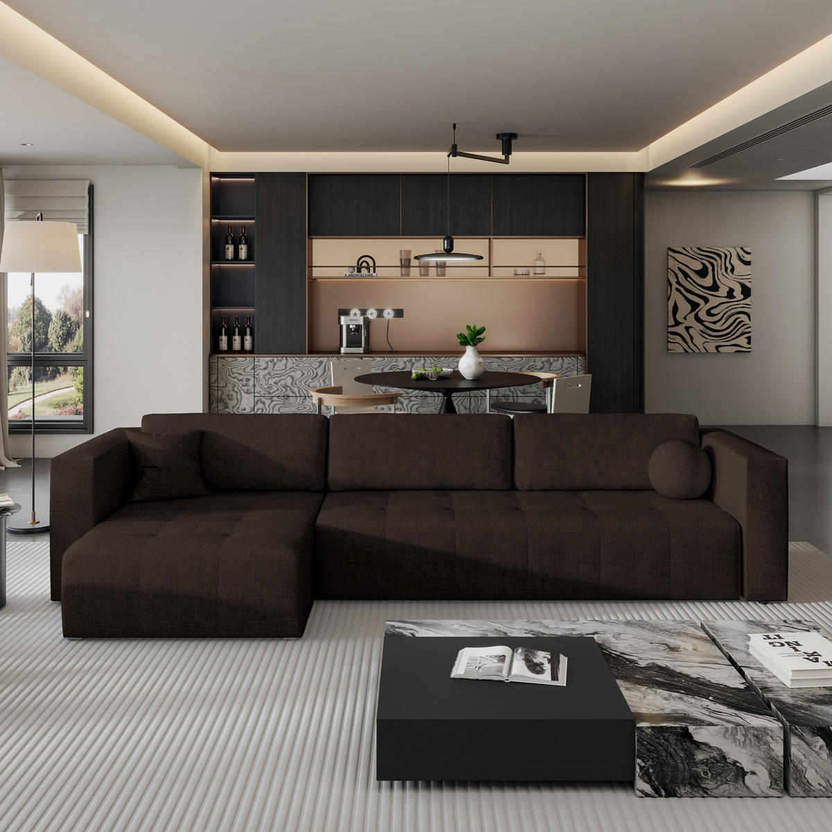 ECKSOFA OLVERA Braun Geflochtener Stoff mit Schlaffunktion - Braun, Holz (347/148cm) - MASSENO