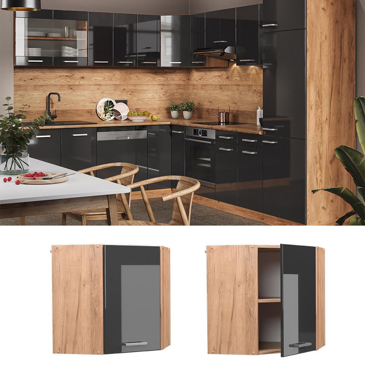 ECKHÄNGESCHRANK R-Line Anthrazit Hochglanz 57 cm - Honigeiche/Schwarz Hochglanz, Holzwerkstoff (57/60/34.1cm) - Vicco