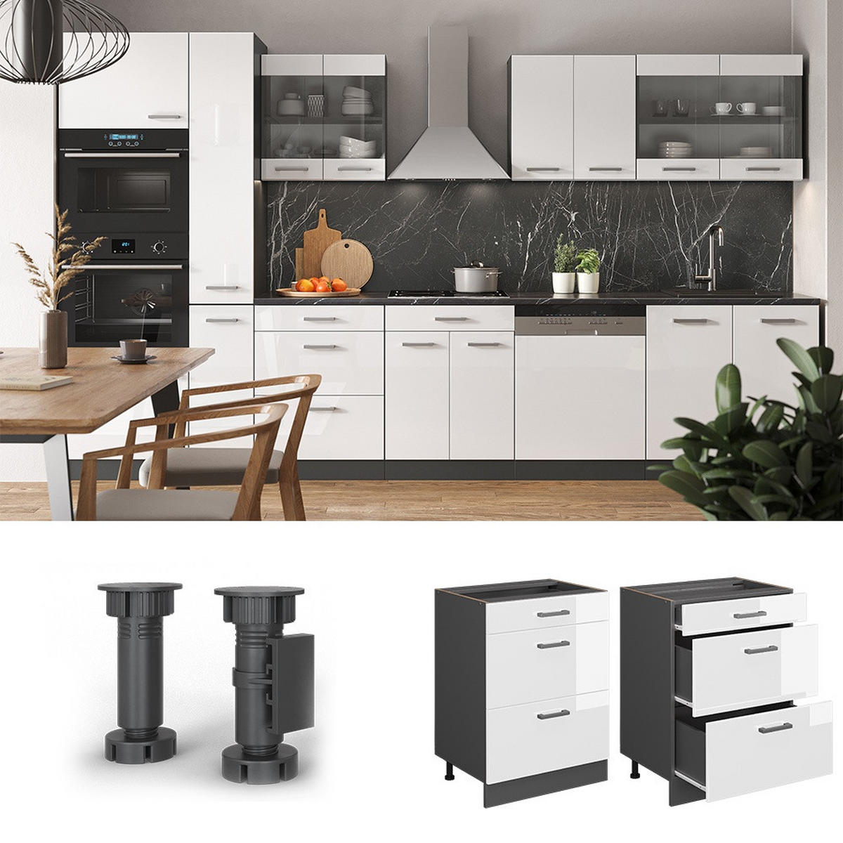 SPODNJA OMARICA ZA KUHINJO R-Line Bela visok sijaj 60 cm s predali, DP Hrast - bela/visoki sijaj, leseni material (60/81.6/60cm) - Vicco