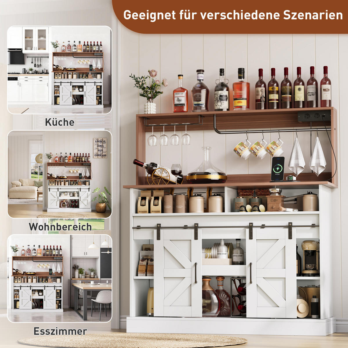 HIGHBOARD 120/40/130 cm mit Steckdosen, Schiebetüren und Gläserhalter im Landhausstil, Weiß/Natur - Weiß, Holzwerkstoff (120/130/40cm) - Redom