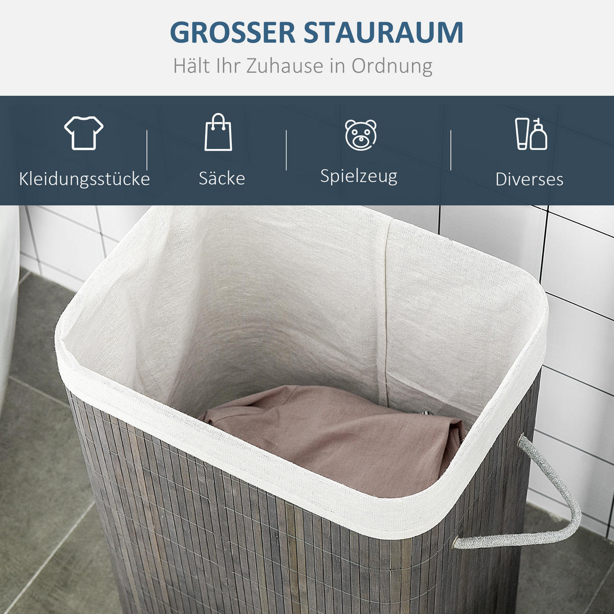 WÄSCHEKORB schmal mit Deckel 83L, Bambus, Grau - Grau, Naturmaterialien (43/61/32cm) - HOMCOM