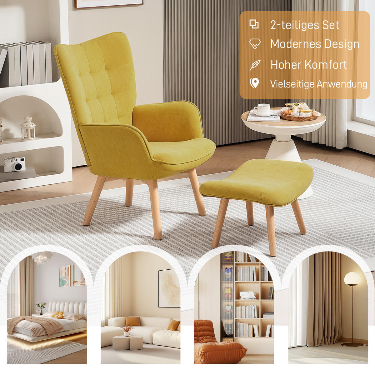 AKZENTSESSEL DE-07538 mit Hocker, Cord-Optik und Holzbeinen Orange - Orange, Textil (80/101/72cm) - ComfortXL