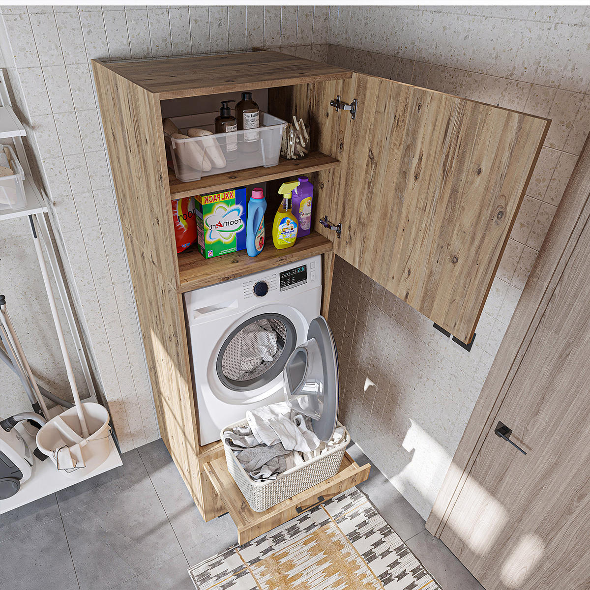 WASCHMASCHINENSCHRANK Serie 3 67cm Breit, 205cm Hoch - Eichefarben, Holzwerkstoff (67/205/67cm)
