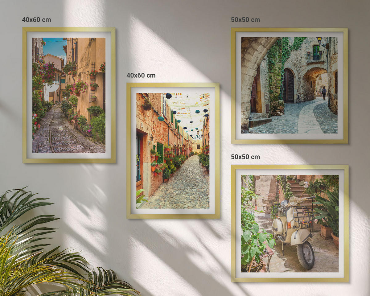 BILDER SET 4er Set - 50x50 cm & 40x60 cm Goldrahmen - Charmante italienische Straßen und Blumen - Goldfarben, Kunststoff (50/50cm) - TULUP
