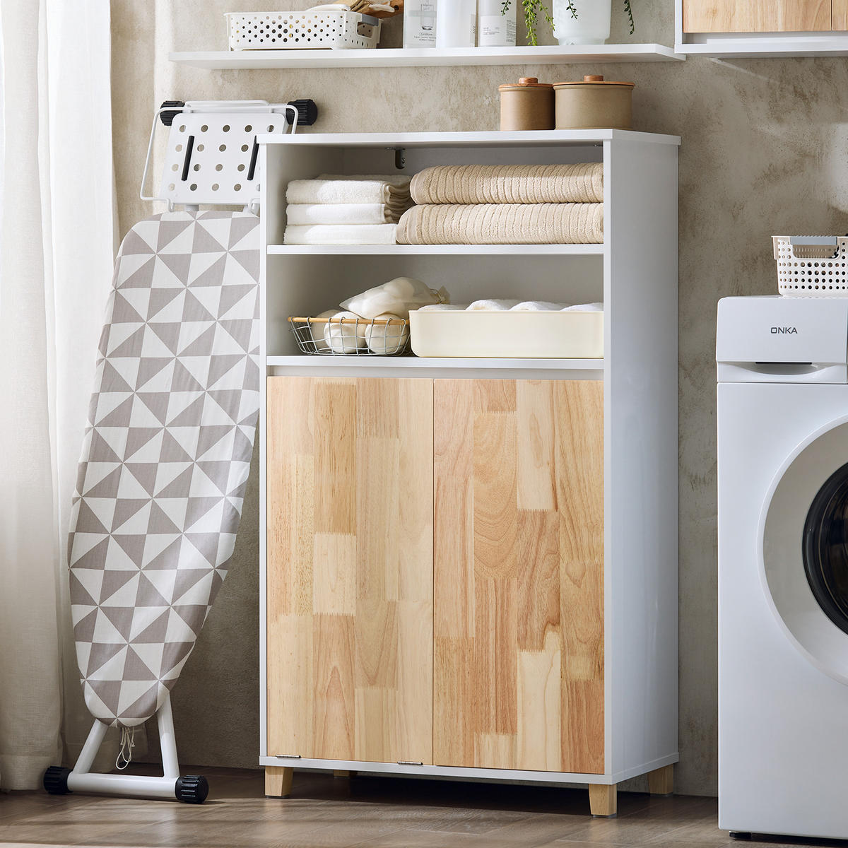 WÄSCHESCHRANK mit Wäschesack Weiß-Natur - Weiß/Naturfarben, Holz/Holzwerkstoff (64/110/33cm) - SoBuy