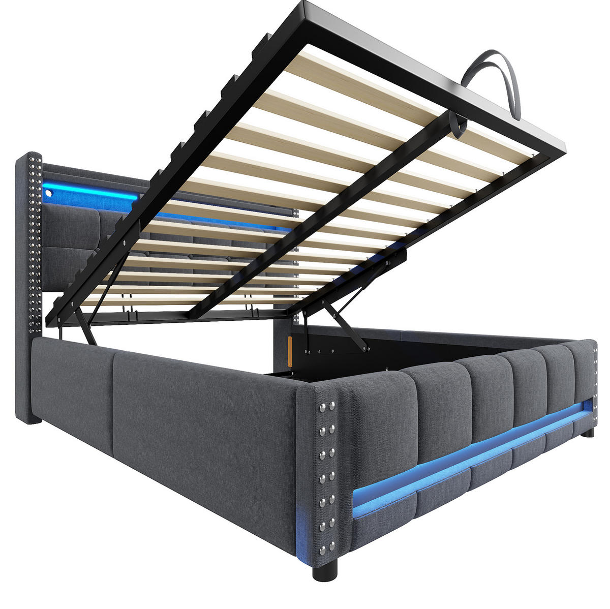 POLSTERBETT 140/200 cm mit Bettkasten, LED-Beleuchtung und USB-Anschluss - Grau, Textil (140/200cm) - BEAOK