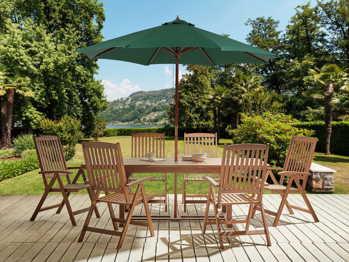 GARTENMÖBEL SET 6-Sitzer mit Sonnenschirm grün Akazienholz dunkelbraun Amantea - Dunkelbraun/Grün, Holz - Beliani