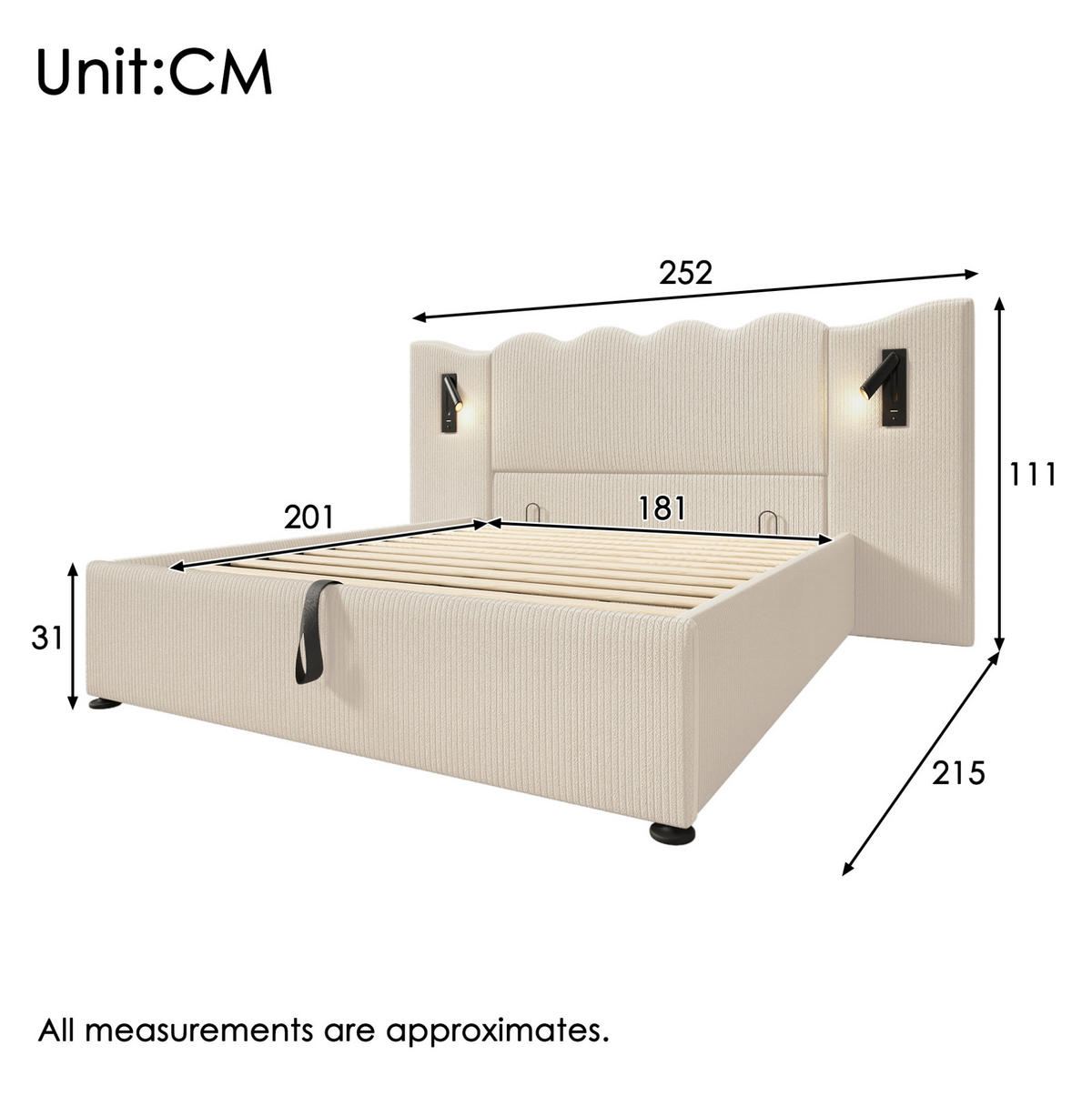POLSTERBETT 180/200 cm mit Leselampe, USB- und Type-C-Anschlüssen, hydraulischem Bettkasten aus Cordstoff, Beige-Weiß - Weiß, Textil (180/200cm) - Redom