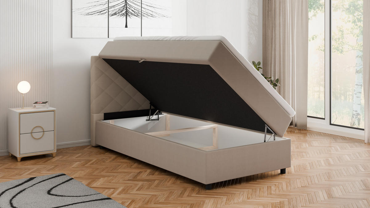 BOXBETT Diamaro 100x200 cm mit Bettkasten und Topper - Dunkelbeige - Beige, Holz (100/215cm) - Panda Möbel