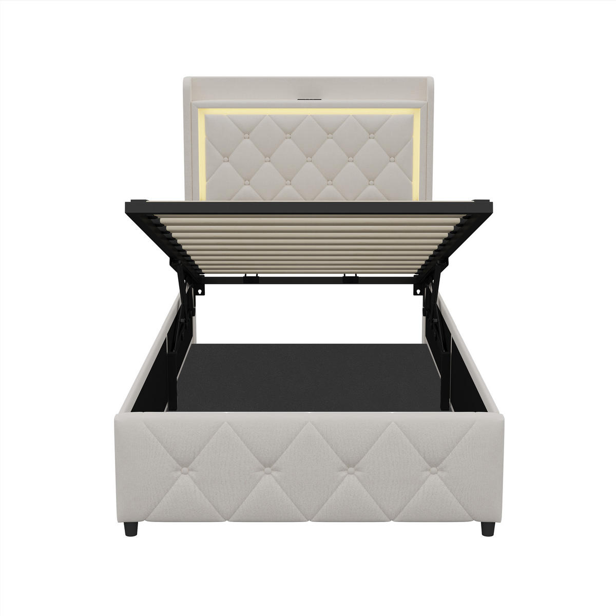 POLSTERBETT 90x200 cm Beige mit LED, Stauraumkopfteil & USB-C - Beige, Holz (90/200cm)