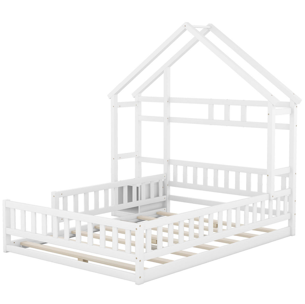 HAUSBETT 140/200 cm mit Geländer und Nachttisch aus Kiefern, Weiß - Weiß, Holzwerkstoff (140/200cm) - Redom