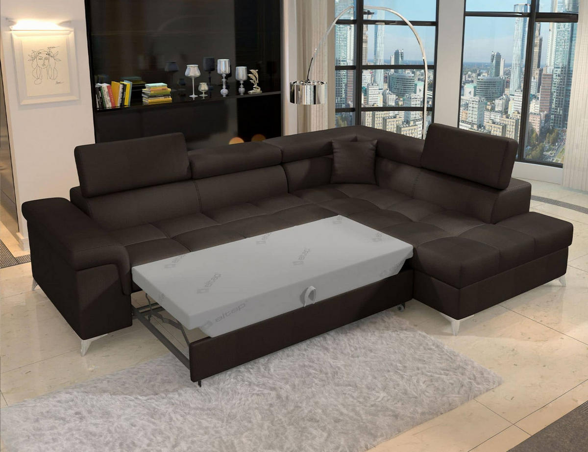 ECKSOFA mit Schlaffunktion und Bettkasten, pflegeleichter Monolith-Stoff - Chromfarben/Dunkelbraun, Textil/Metall (202/275cm) - Eltap