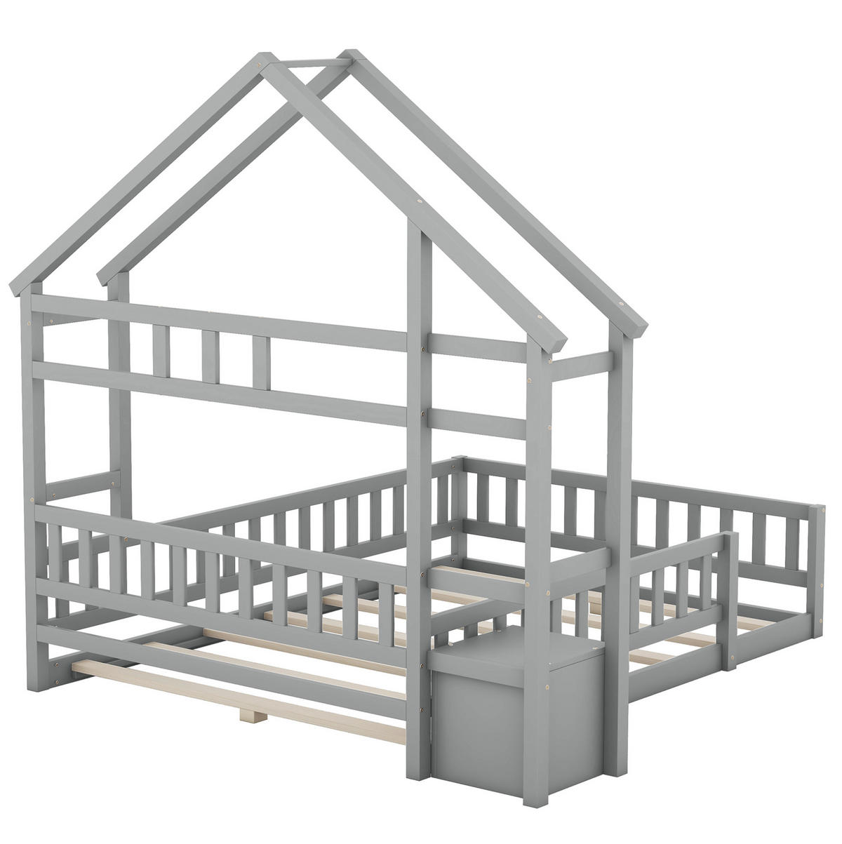 KINDERBETT 140/200 cm im Hausdesign mit Geländer und Nachttisch, Grau - Grau, Holzwerkstoff (140/200cm) - Redom