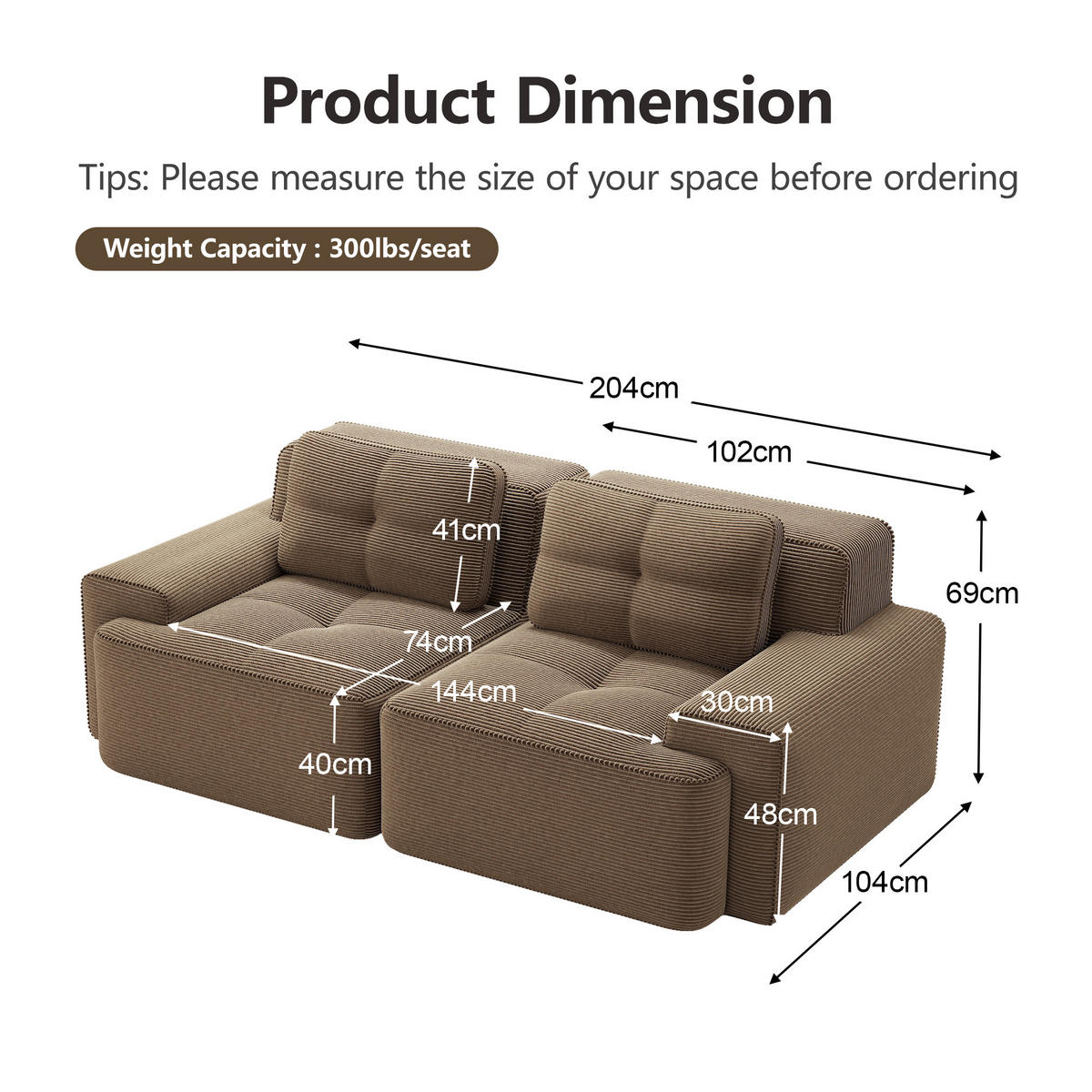 2-SITZER SOFA cord braun modular & extratiefer sitz - Walnussfarben, Textil (204/69/104cm) - Urban Meuble