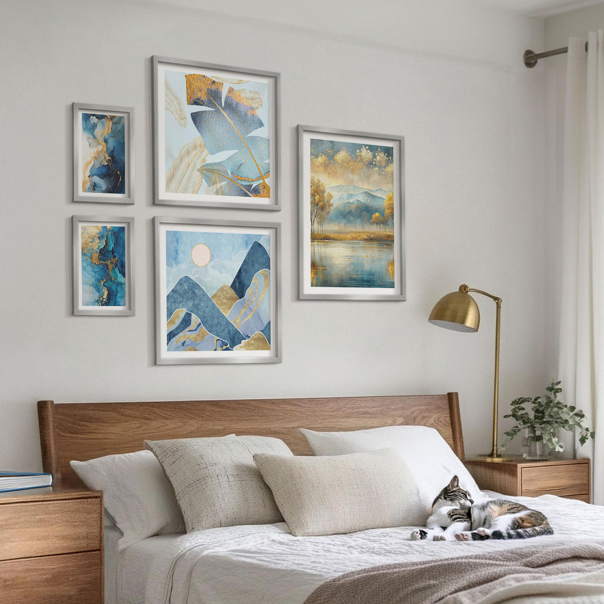 BILDER SET 5er Set - 50x50 cm & 20x30 cm & 40x60 cm Silberner Rahmen - Goldmuster in den blauen Bergen - Silberfarben, Kunststoff (40/60cm) - TULUP