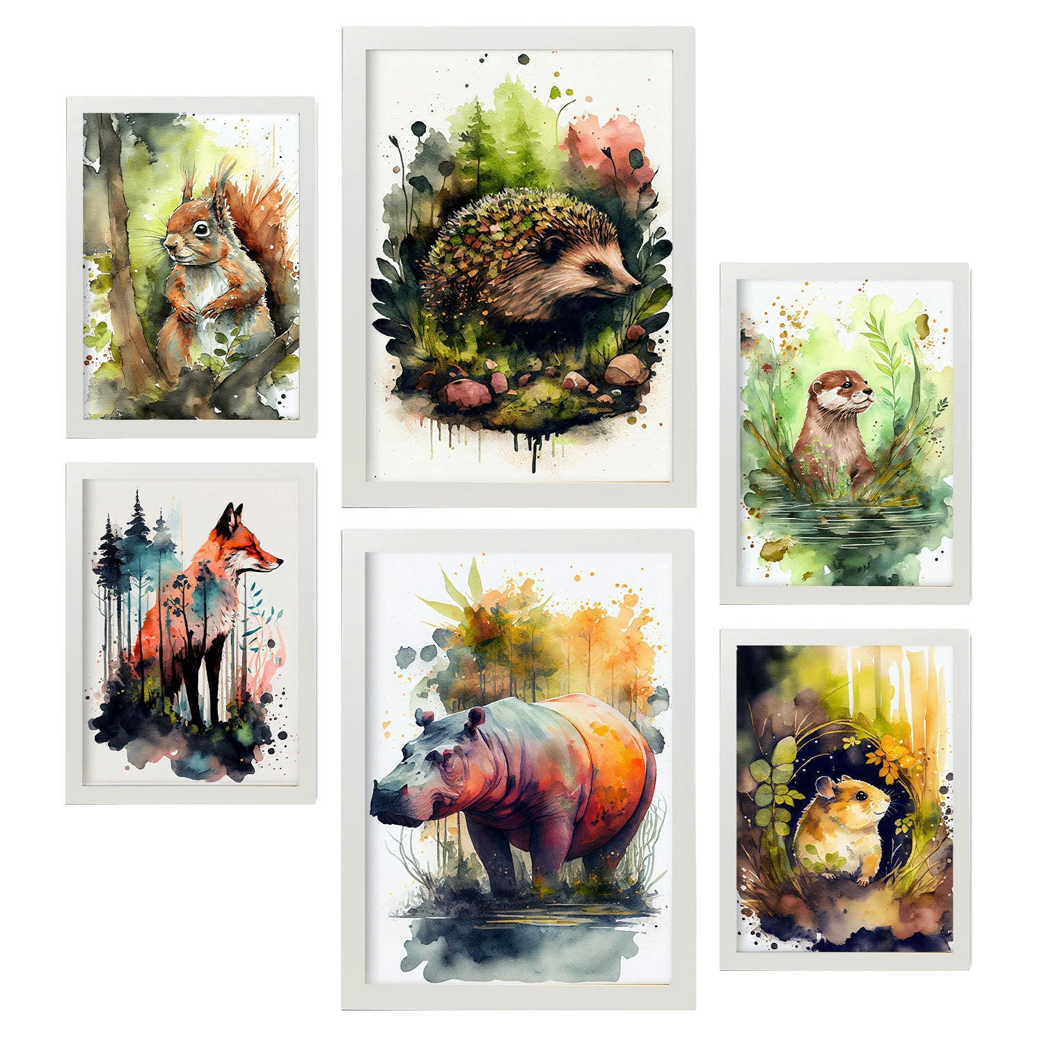 POSTER Set Mit 6 Lebewesen Illustrationen Von Tieren In Naturlandschaften, Realistischer Aquarellstil Innenarchitektur A3 & A4 Weißer Rahmen - Weiß, Papier (29/3cm) - Nacnic