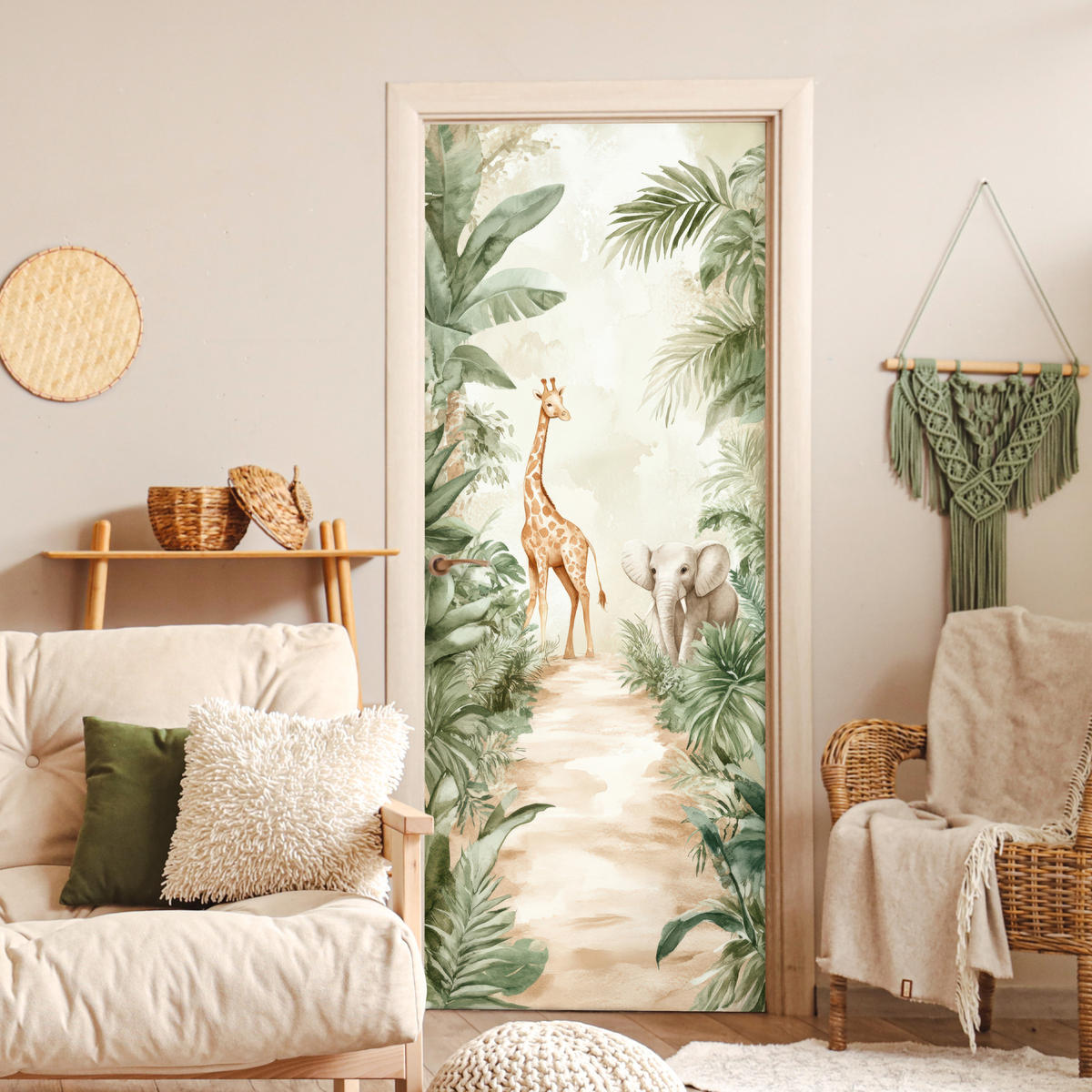 NÁLEPKA NA DVERE Džungľa - Žirafa - Slon - Zelená - Príroda 80x215 cm - farba eukalyptového dreva, plast (80/0.1cm) - MuchoWow