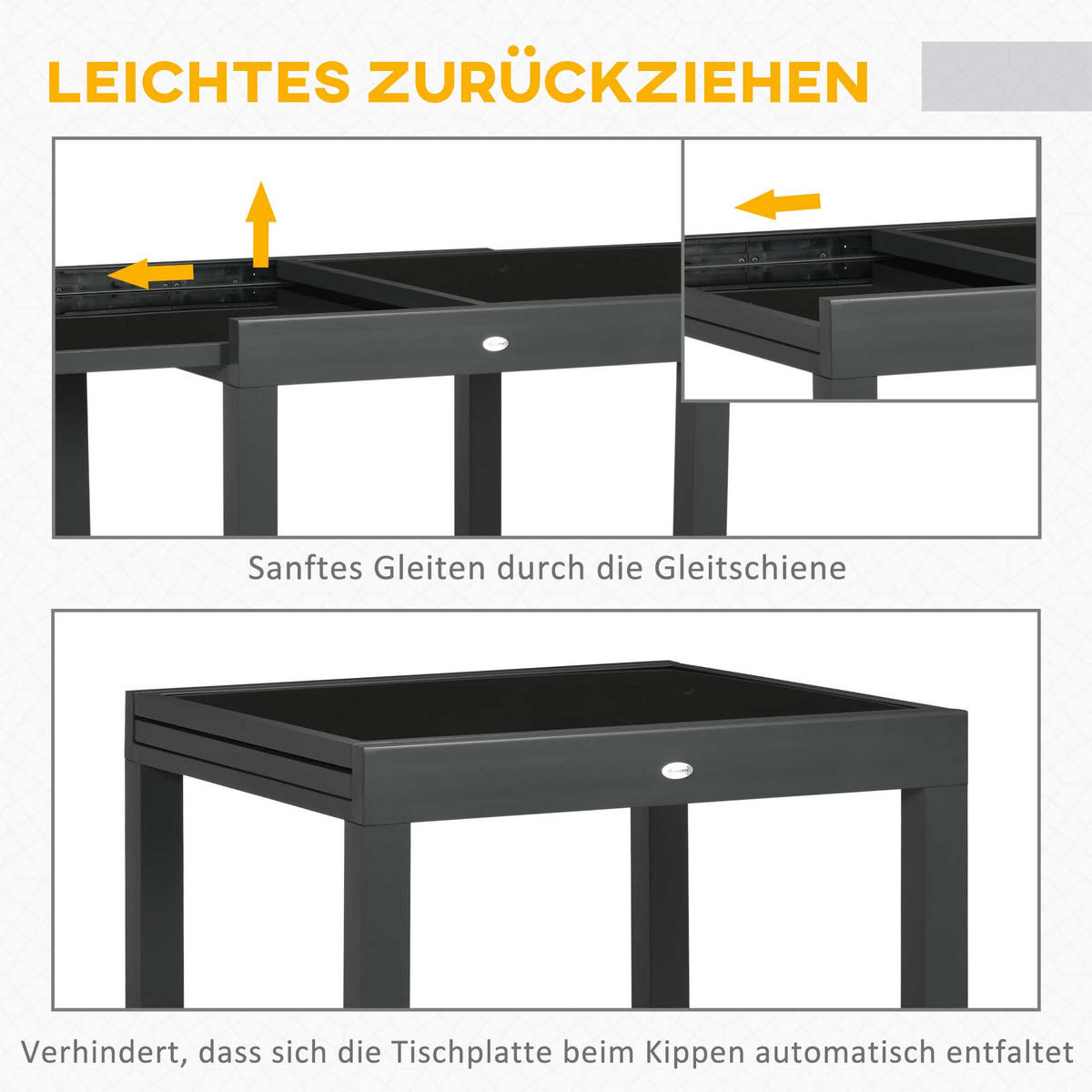 GARTENTISCH, Klappbarer Tischplatte, Balkontisch Terrassentisch, Alu, Glas, Schwarz - Schwarz, Glas/Metall (160/80/75cm) - Outsunny