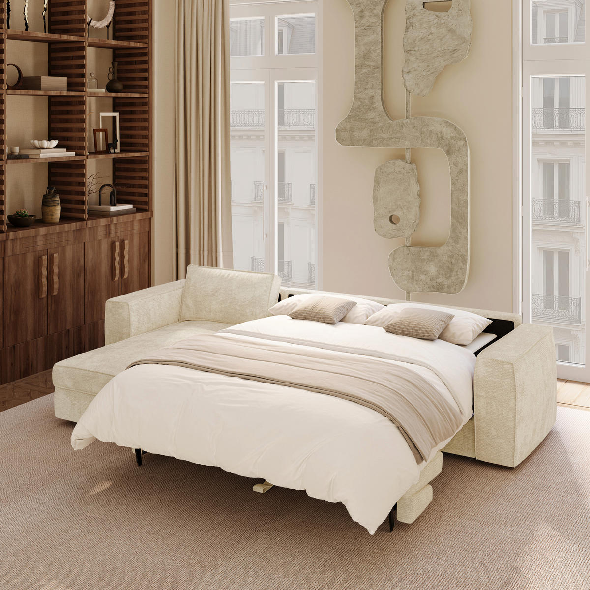 LINKSECK-SCHLAFSOFA MIKA Köpergewebe mit weichem Griff Creme 292cm - Creme, Textil (292/100cm) - Premium Interiors