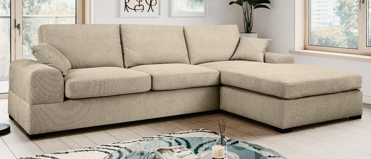 SOFA beige Strukturstoff 308 cm, Ecksofa 5-Sitzer, L-Sofa Ottomane rechts - Beige/Schwarz, Holz/Textil (308/186cm) - Inn.Furn
