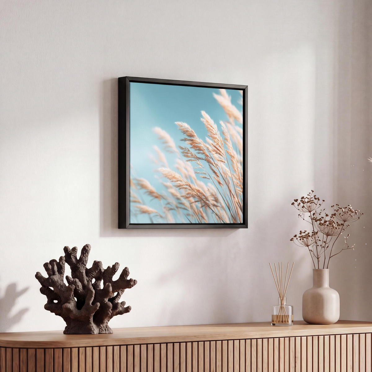 LEINWAND Bilder mit Rahmen - Ziergras - Wind - Hellbraun - 20x20 - Hellblau, Textil (20/20cm) - MuchoWow