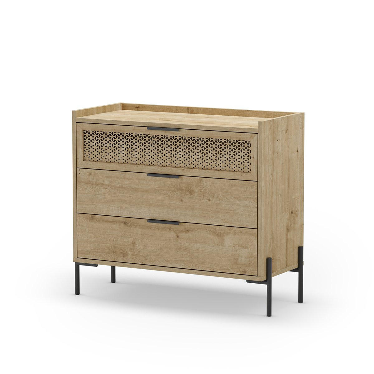 KOMODA Inca se 3 zásuvkami a kovovými nohami - Š90 cm - jabloňová, kompozitní dřevo (40/80/90cm) - Calicosy
