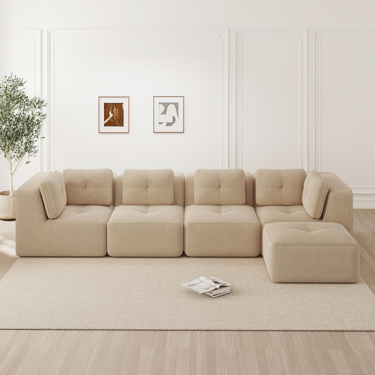 4-SITZER ECKSOFA Cord Beige mit Kissen und Hocker - Beige, Textil (386/177cm) - WISHDOR