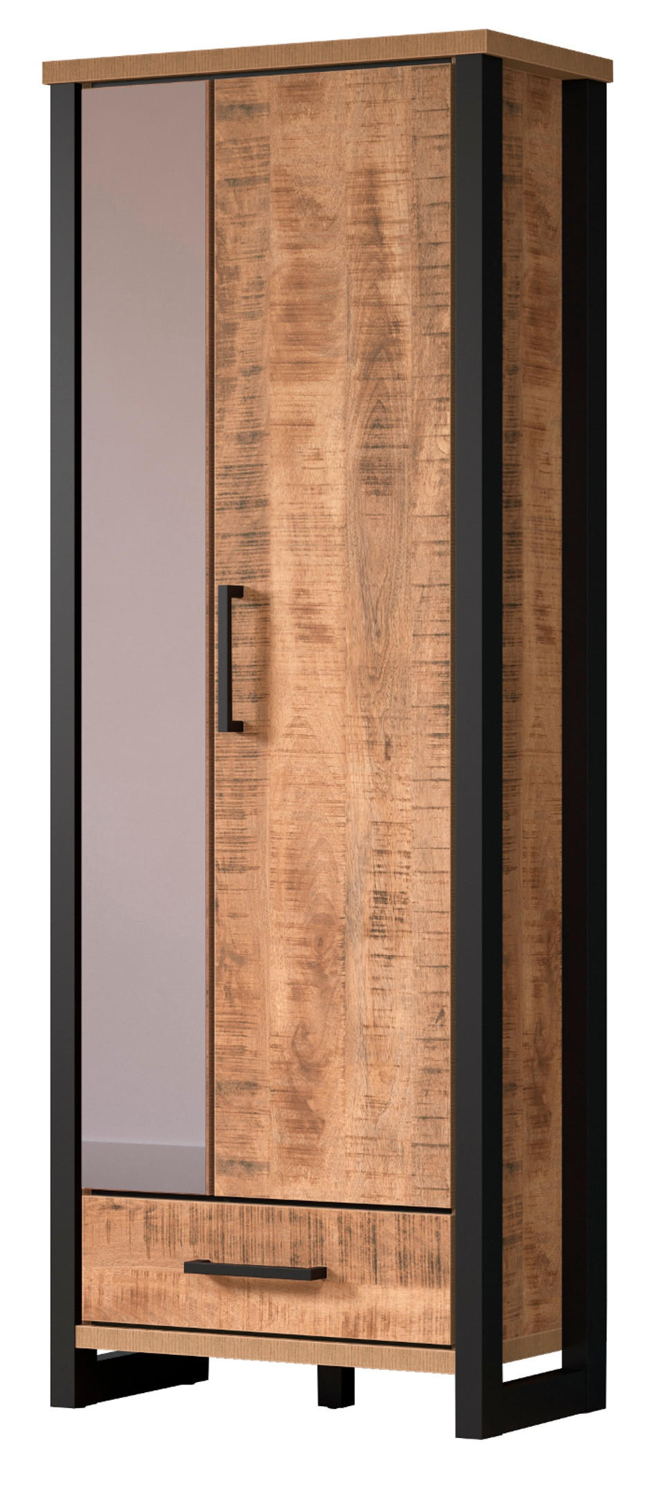GARDEROBENSCHRANK Mango, schwarz 73 x 195 cm, Garderobe mit Spiegel - Schwarz/Naturfarben, Glas/Holzwerkstoff (73/195/39cm) - Top.Furn