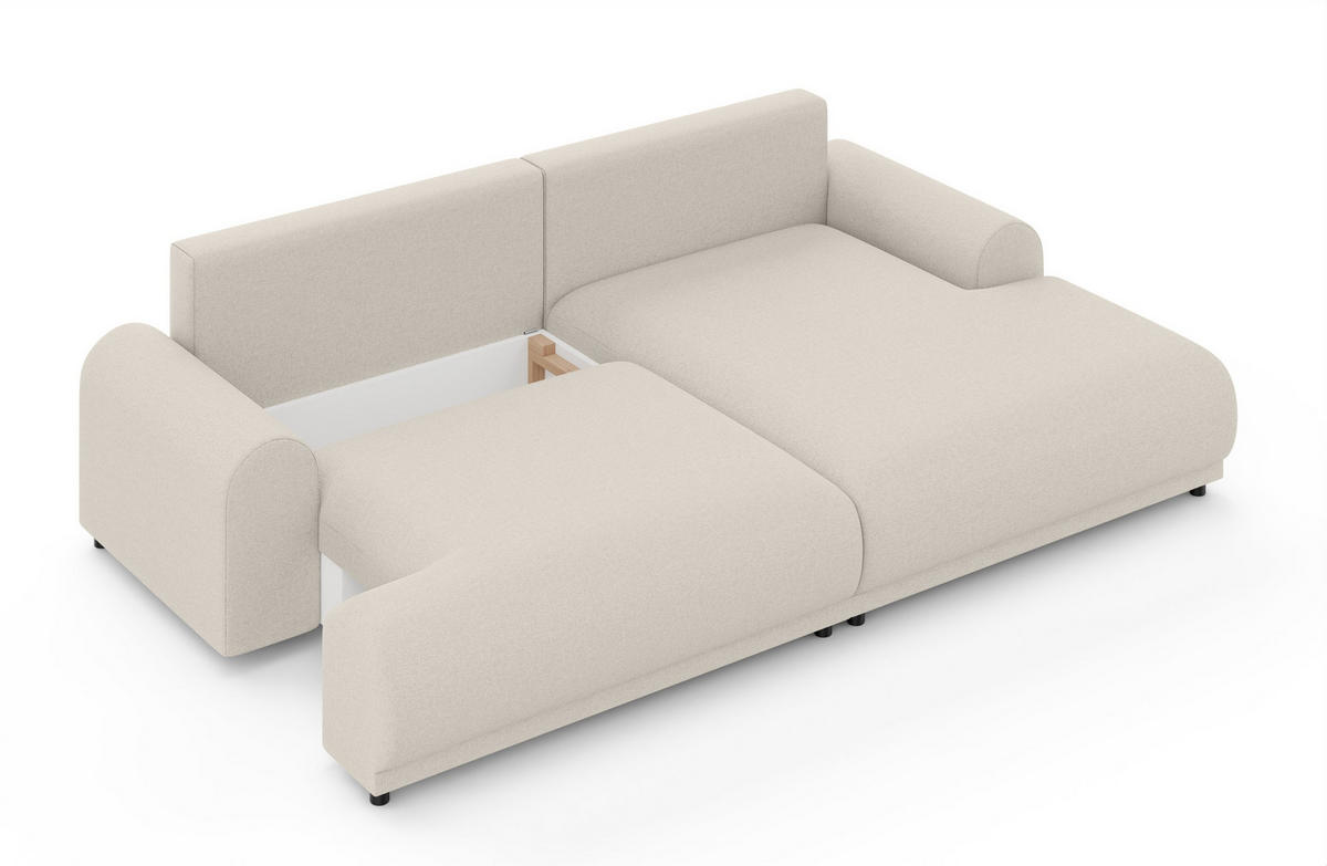 ECKSOFA mit Schlaffunktion, Bettkasten, extrabreite Ottomane rechts, abgerundete Armlehnen, B240/T145/H81 cm, Strukturstoff Beige / 21031 - Beige/Schwarz, Kunststoff/Textil (240/145cm) - luma-home