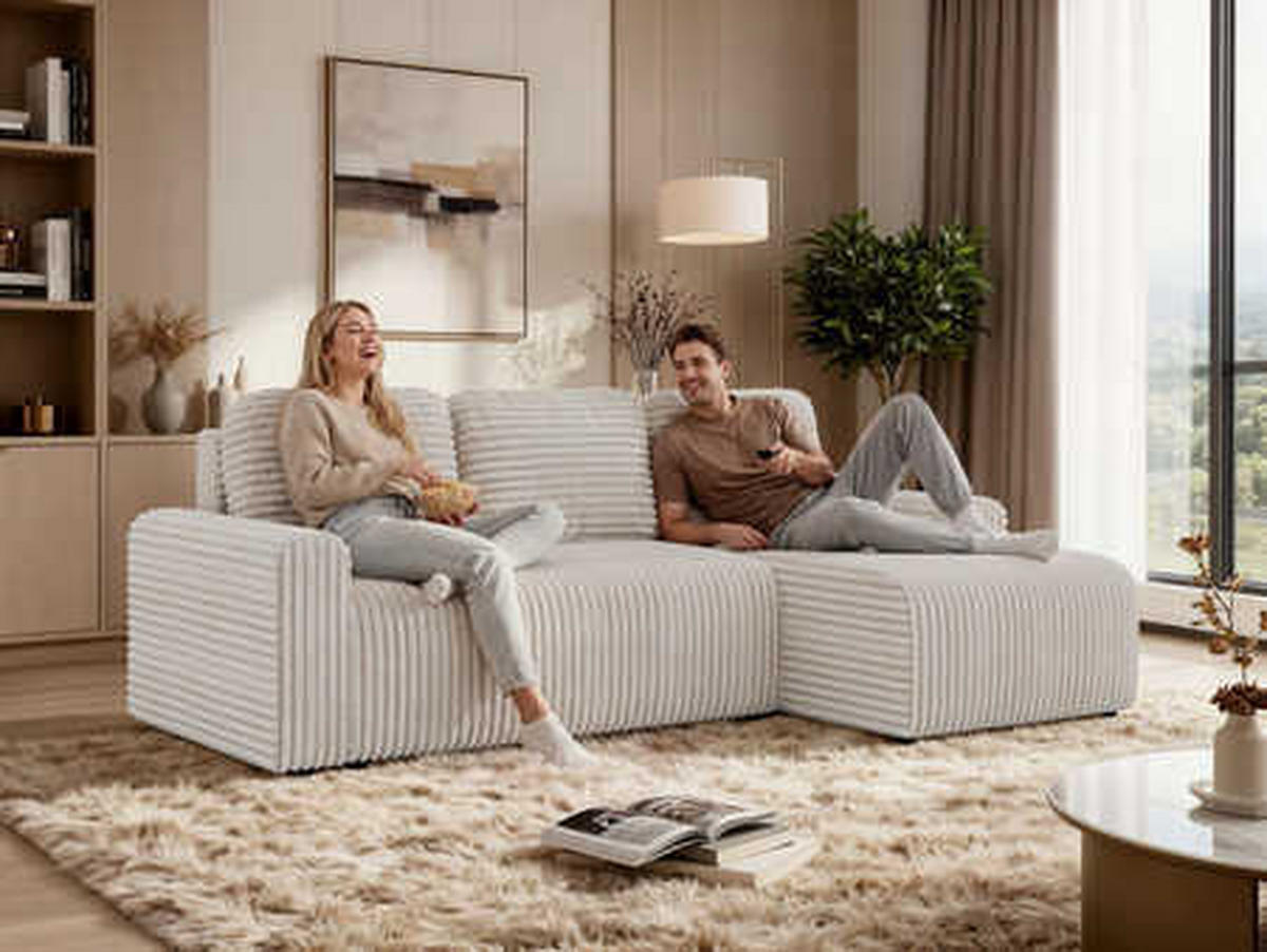 ECKSOFA NESSARO L Hellbraun Cord - Links Seite - Hellbraun/Schwarz, Kunststoff/Textil (244/151cm) - MKS
