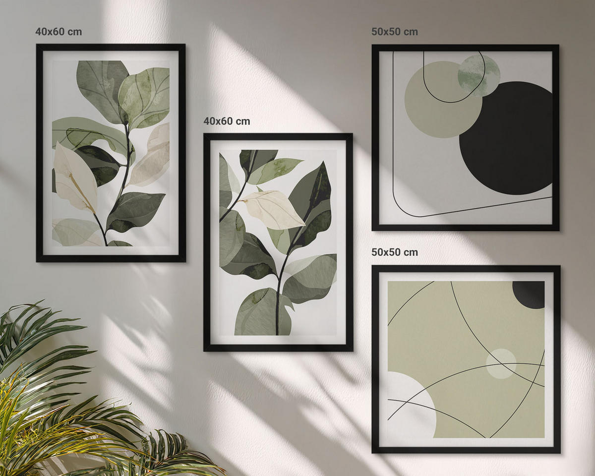 BILDER SET 4er Set - 50x50 cm & 40x60 cm Schwarzer Rahmen - Abstrakte Darstellung gemalter Blätter - Schwarz, Kunststoff (50/50cm) - TULUP