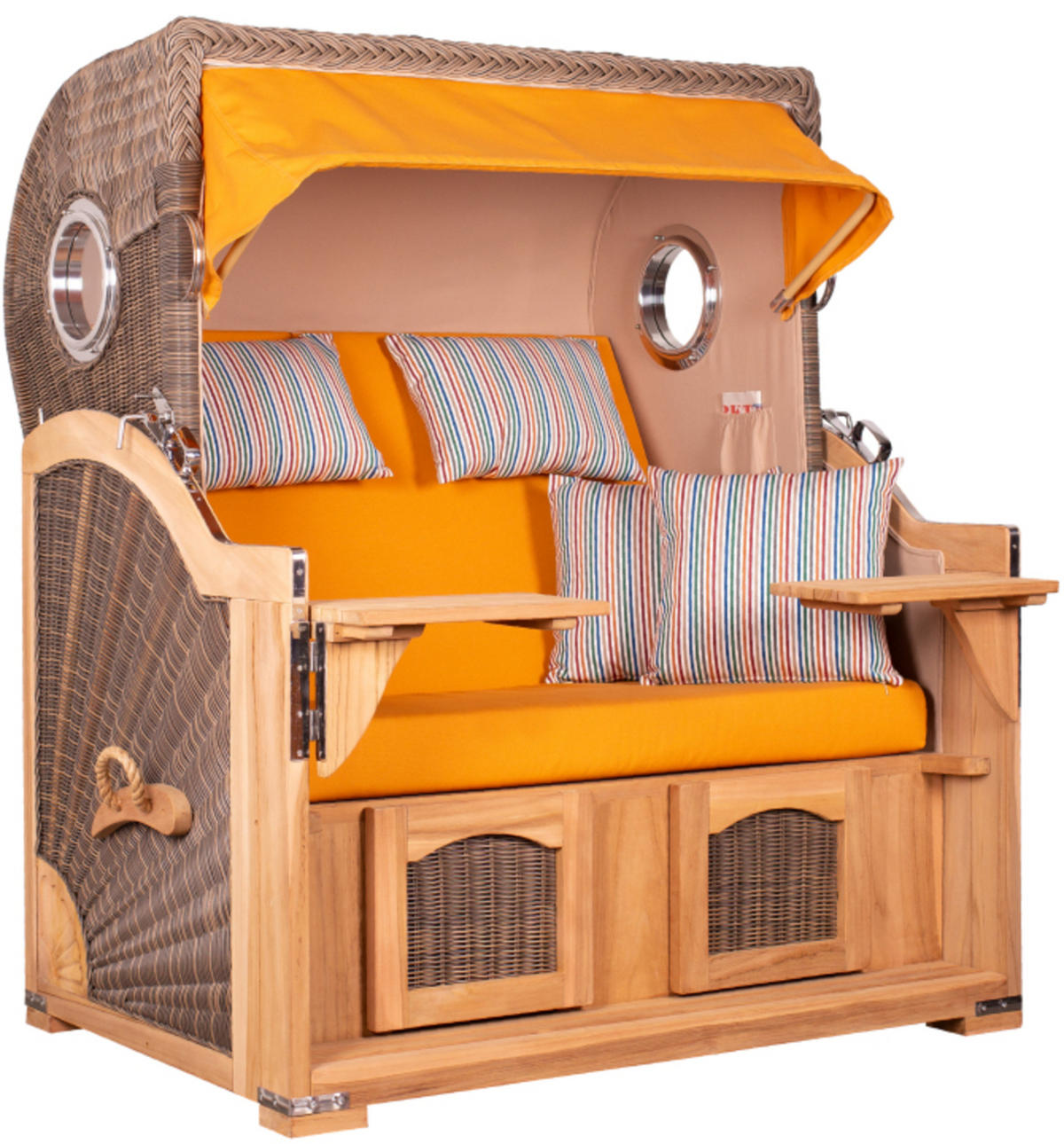 STRANDKORB Düne Grande Bullauge Teak PE Grey Dessin 586 - Gelb/Braun, Metall (142/170/95cm) - Mr. Deko