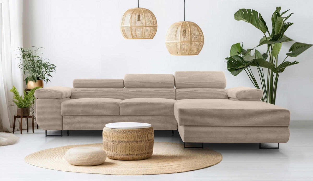 ECKSOFA L Form Arborio Beige 280/203/90 cm Rechts mit Schlaffunktion - Beige/Schwarz, Textil/Metall (280/203cm) - AX Living