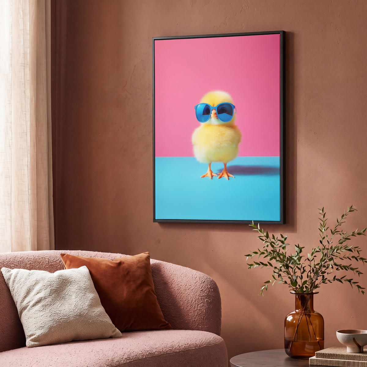 LEINWAND Bilder mit Rahmen - Chick - Sonnenbrille - Blau - 70x100 - Pink, Textil (70/100cm) - MuchoWow