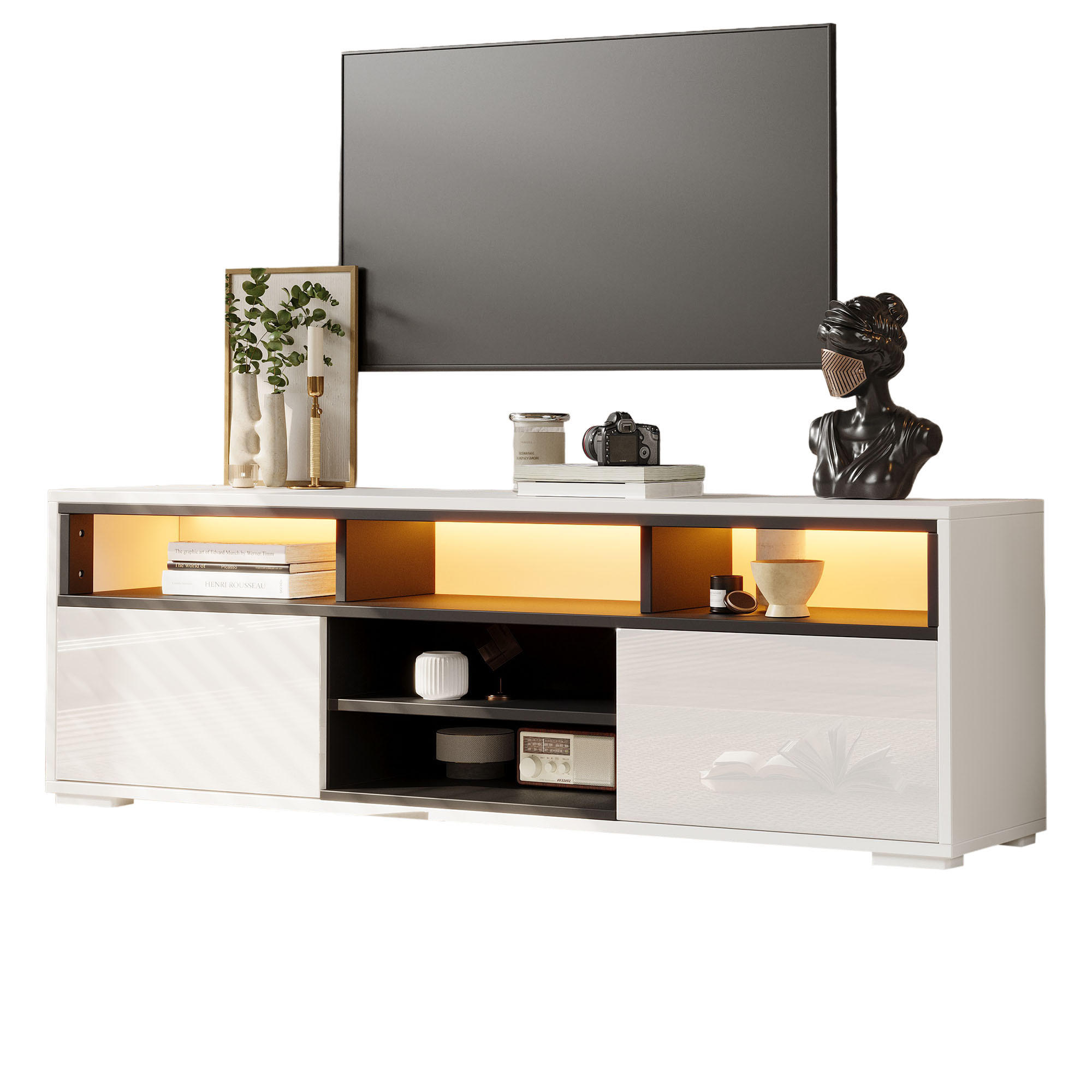 STILVORA TV STOLEK bílý s LED a otevřenými policemi, pro TV 65 palců, 150×35×50 cm