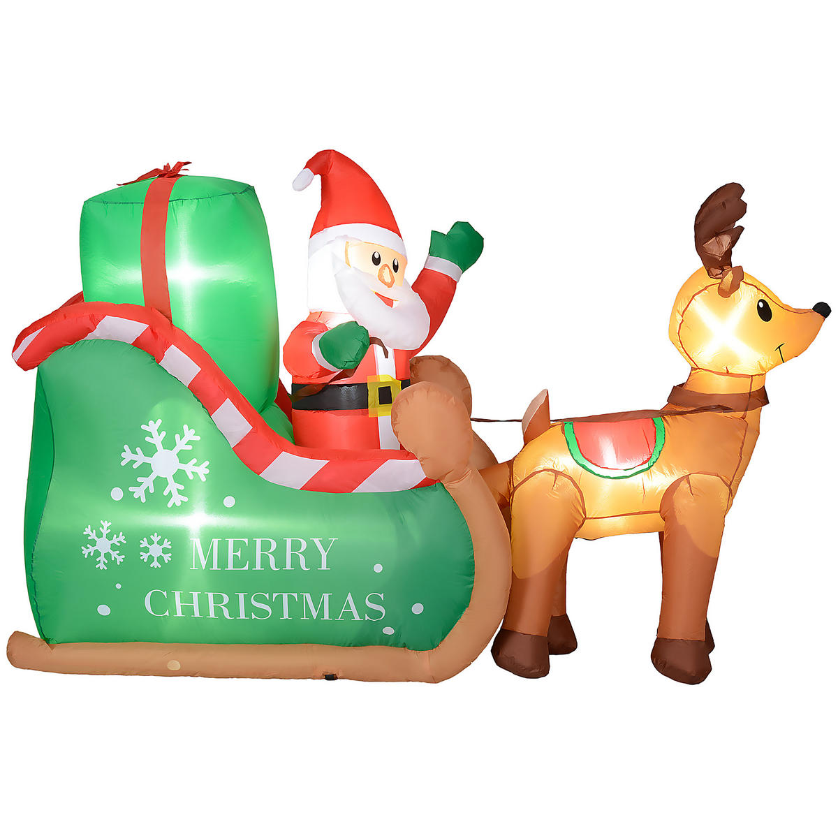 WEIHNACHTSMANN mit Schlitten & Rentier, aufblasbar, weiße LED-Beleuchtung, 210 x 80 x 140 cm - Multicolor, Kunststoff (80/140/210cm) - Outsunny