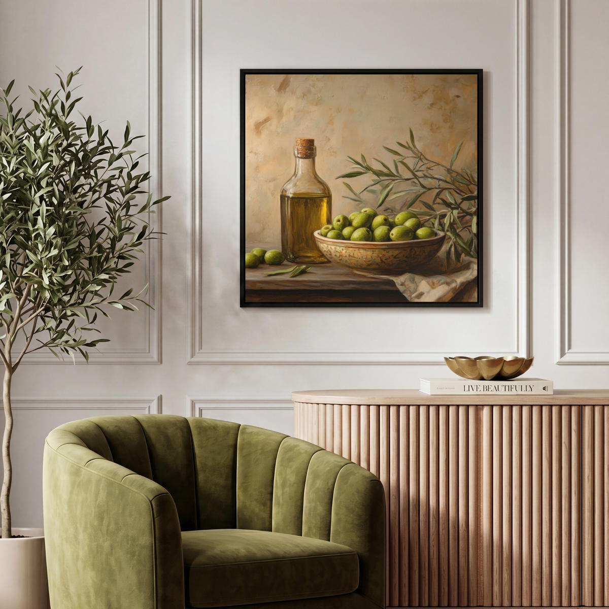 LEINWAND Bilder mit Rahmen - Oliven - Stilleben - Vintage - 50x50 - Olivgrün, Textil (50/50cm) - MuchoWow