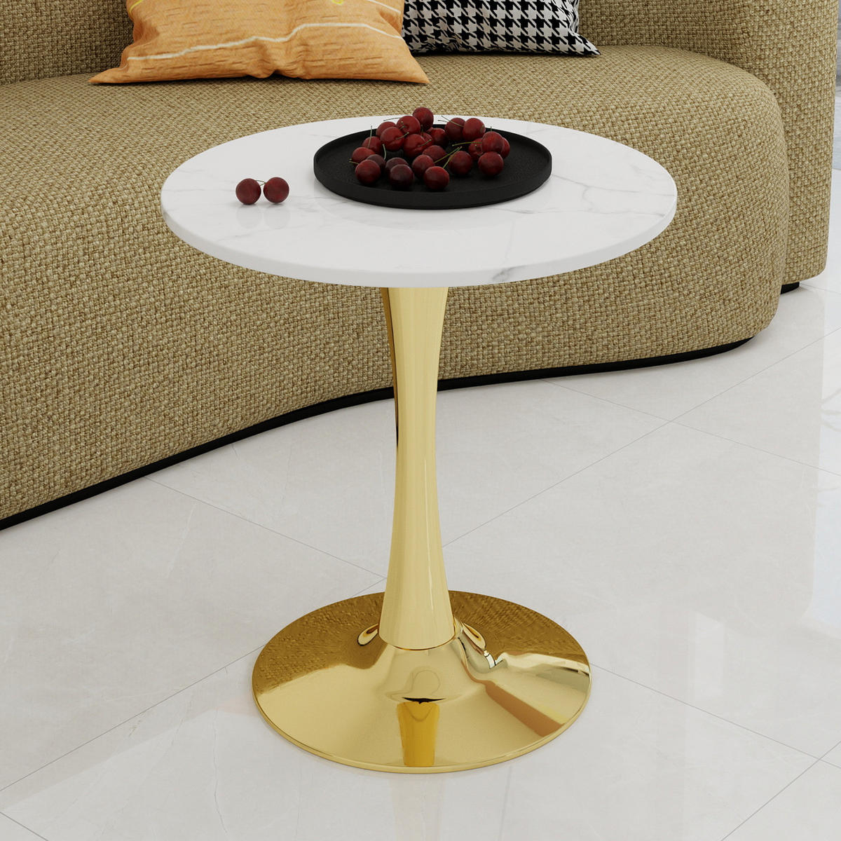 COUCHTISCH 70,1 cm in Gold-Weiß aus Kunstmarmor–rund und vielseitig - Goldfarben, Stein (70/70/72cm) - Flora Grace