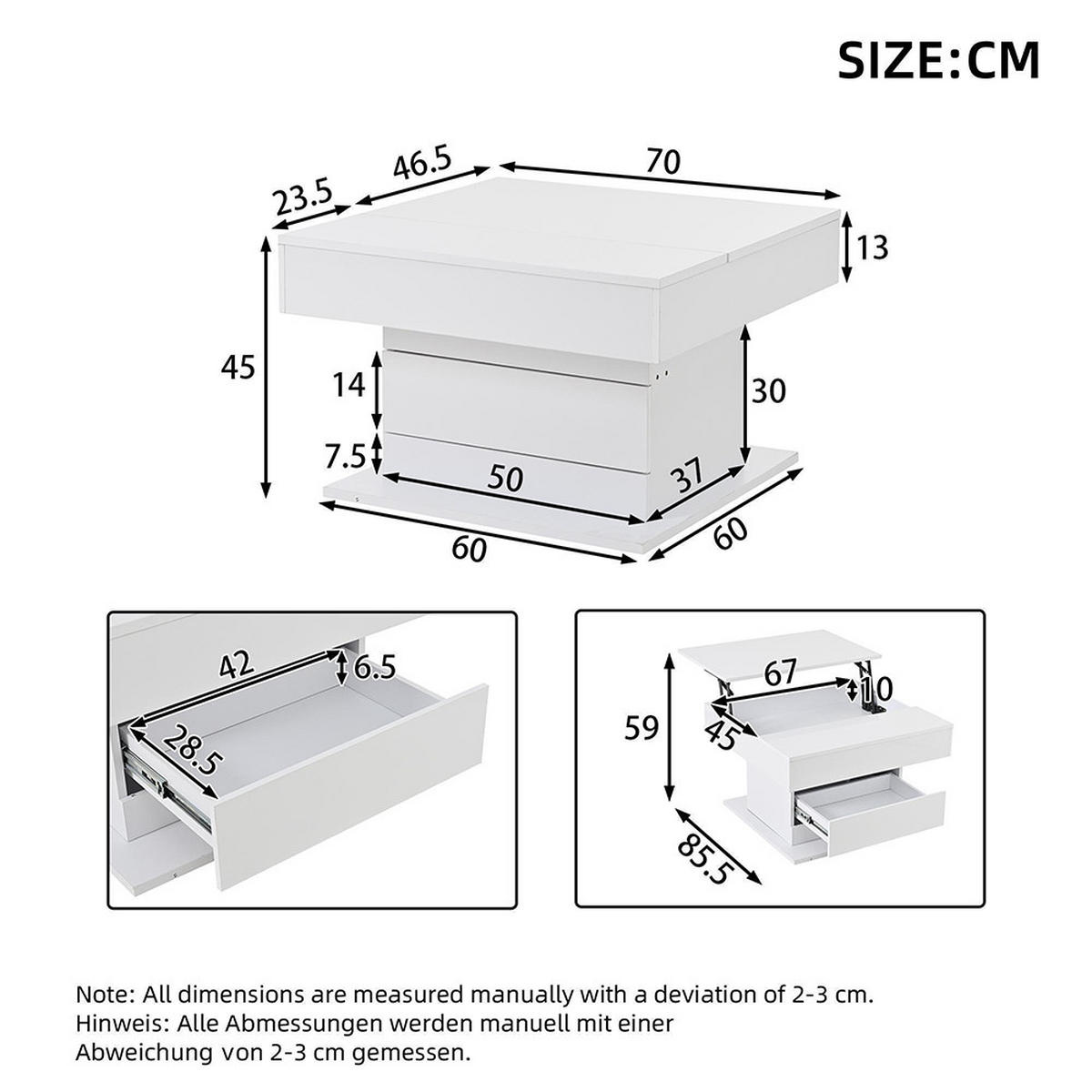 COUCHTISCH in 70x70x45cm, Obere Tischplatte 360° frei drehbar, Weiß - Weiß, Holzwerkstoff (70/70/45cm) - KOMHTOM