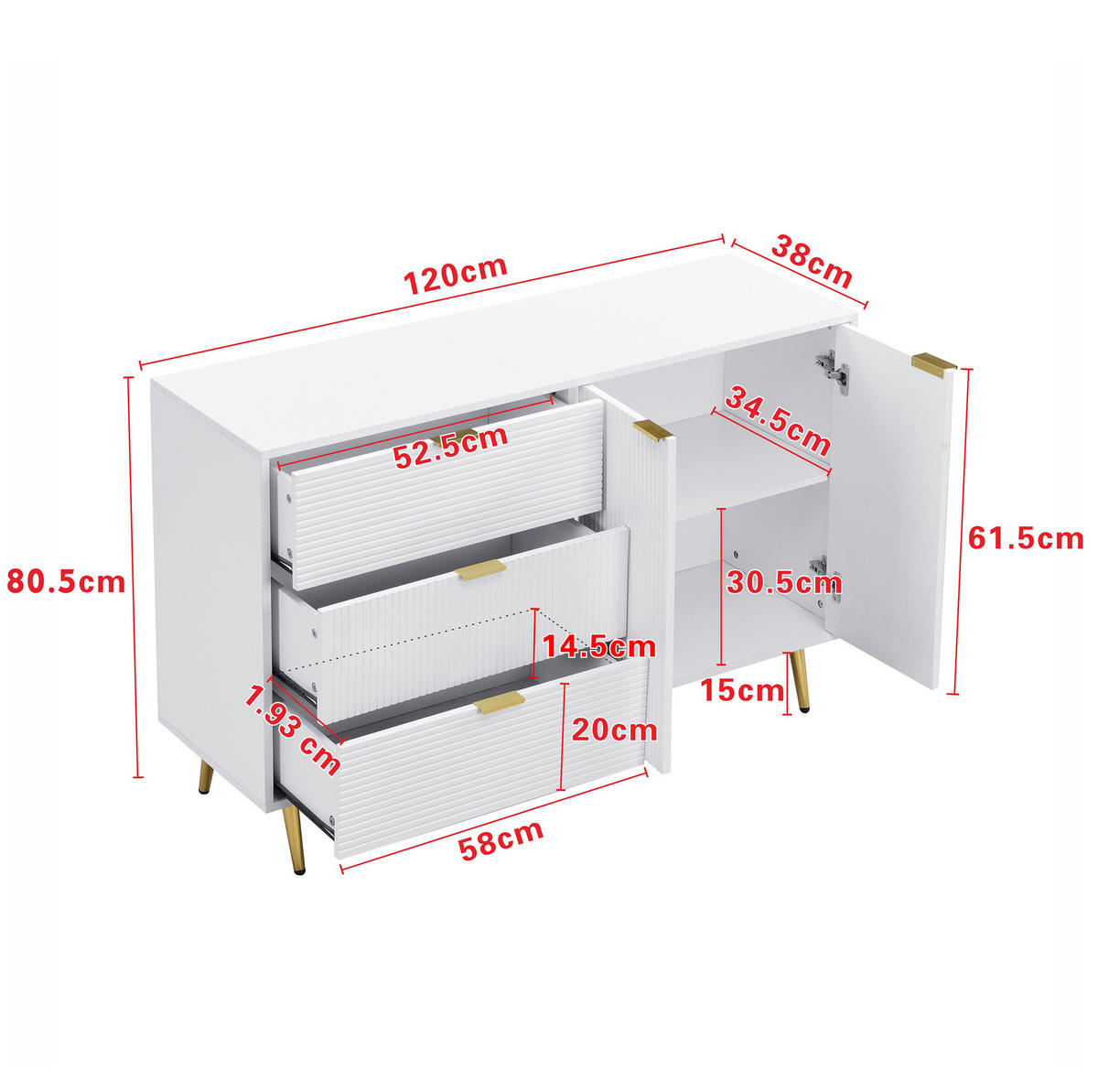SIDEBOARD 120/38/80.5 cm Weiß/Gold aus MDF mit 3 Schubladen und 2 Türen - Weiß, Holzwerkstoff (38/80.5/120cm) - OKMYHOME