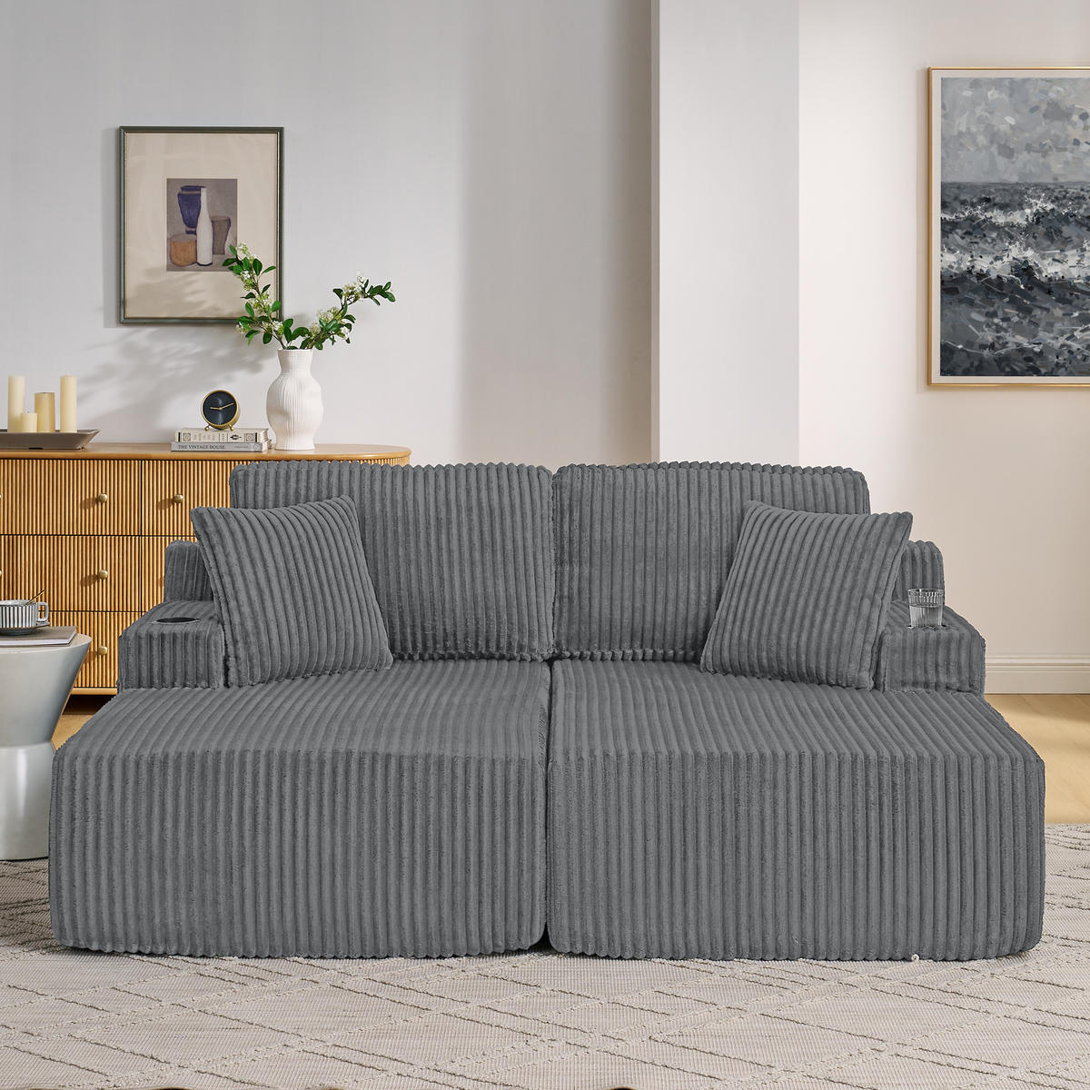 SCHLAFSOFA 186/154/78 cm Grau Cord mit seitlicher Magazintasche und Getränkehalter - Grau, Textil (186/78/154cm) - Oxeza