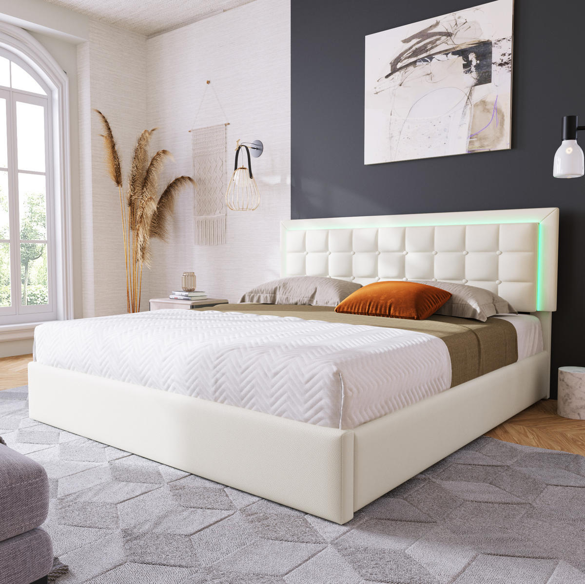 TAPECIRANI krevet 180/200 cm bijeli od PU kože s LED rasvjetom i spremištem - bijela, plastika (180/200cm) - OKWISH