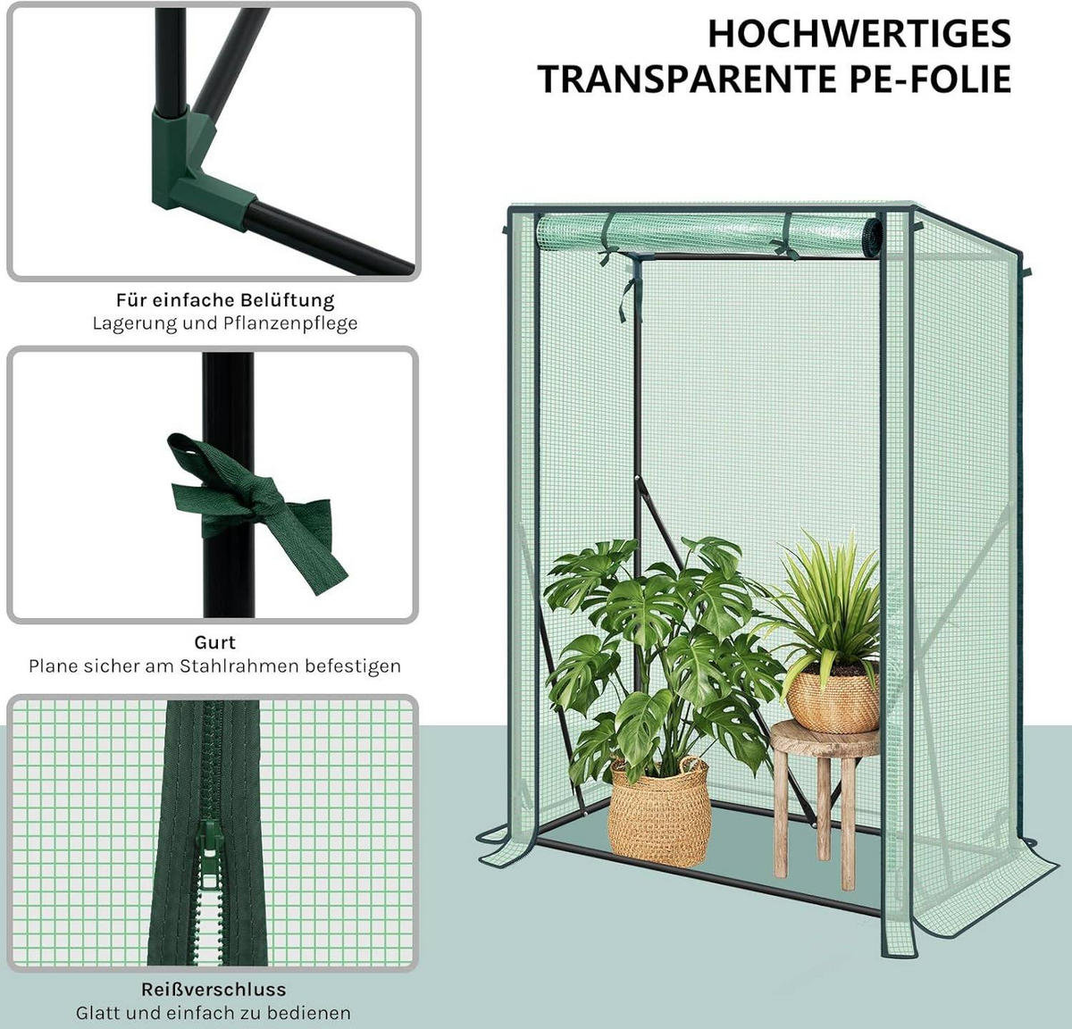FOLIENGEWÄCHSHAUS, PE-reissfeste, 100x50x150/136 cm - Grün, Textil/Metall (100/150/50cm) - Woltu