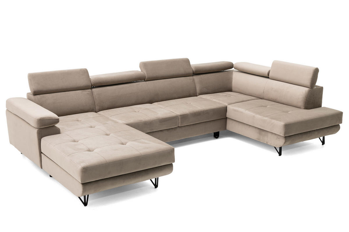 ECKSOFA U-Form JUNIOR U Rechts mit Schlaffunktion 128x254 Velours Beige - Beige/Schwarz, Holz/Textil (184/90/323cm) - Muffo