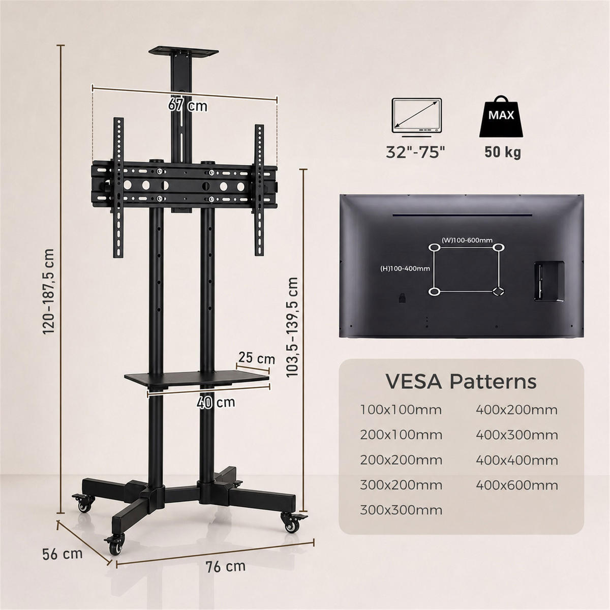 MOBILER-TV-STÄNDER Metall Schwarz - Schwarz, Metall (56/187.5/76cm) - HOMCOM
