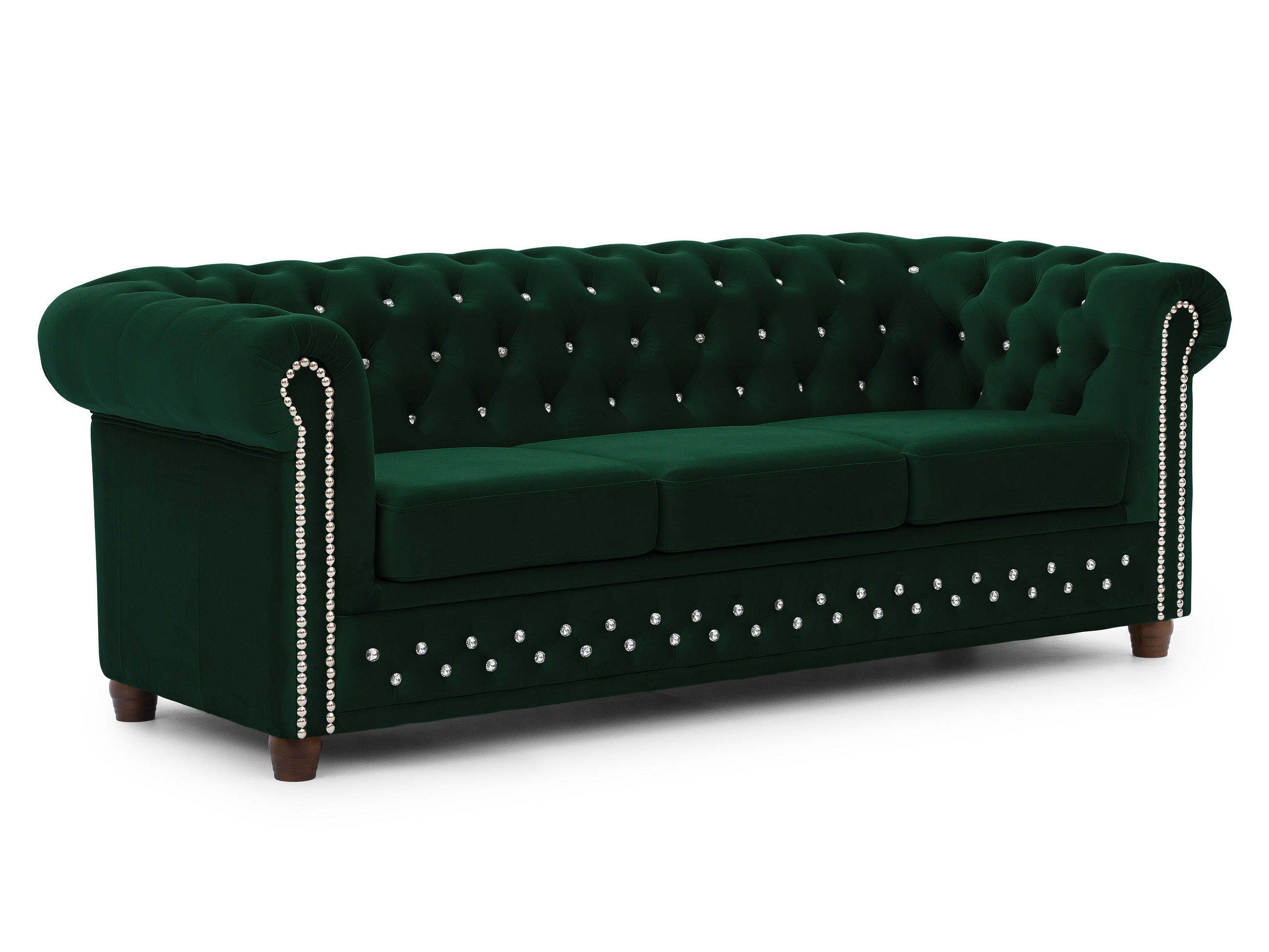 CHESTERFIELD-SOFA 3-sitzer Cleo Blink Flasche Grün Samt mit Kristallsteppung und braunen Massivholzfüßen - Braun/Grün, Holz/Textil (203/72/86cm) - S-Style Möbel