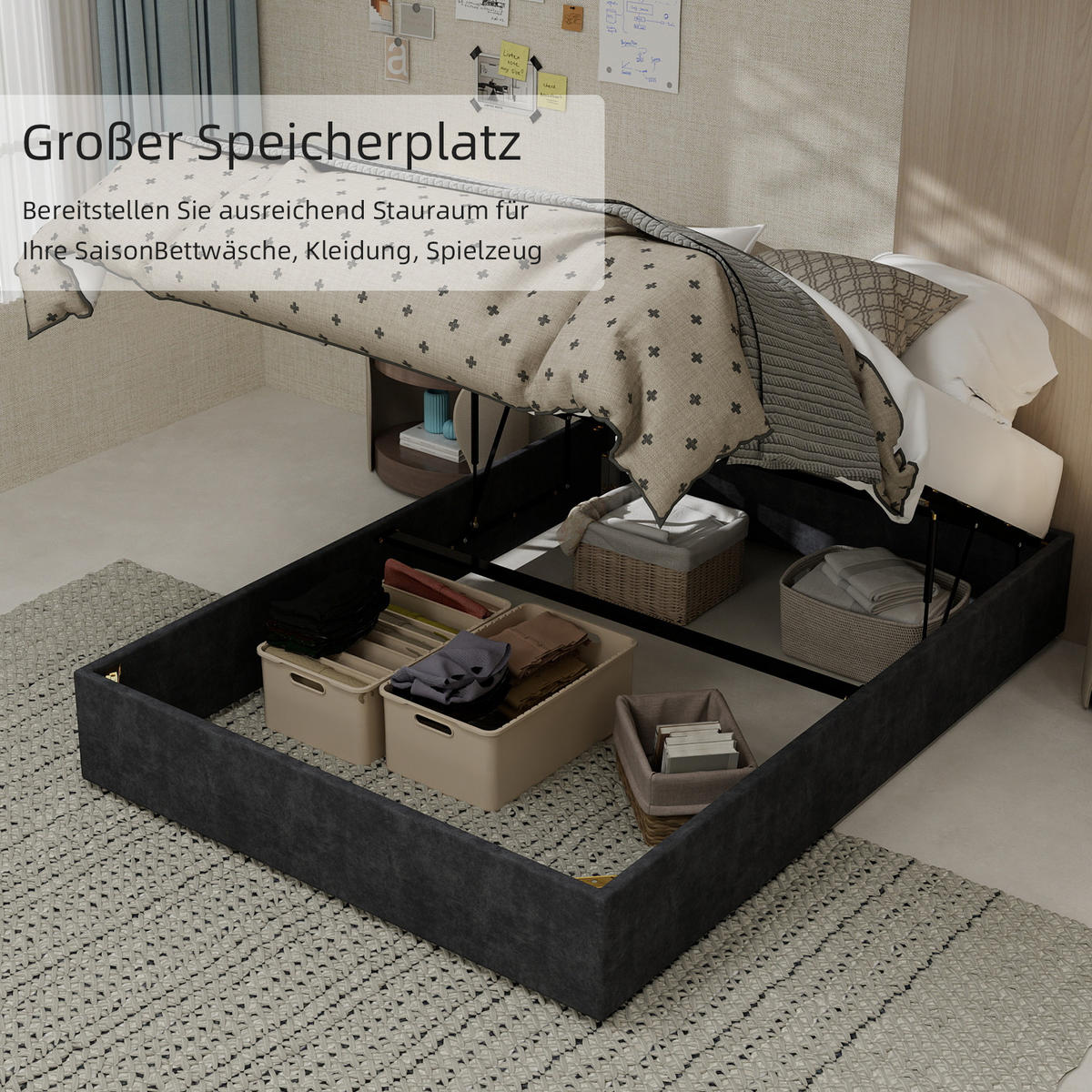 POLSTERBETT 140x200 cm Samt Stauraum hydraulisch grau - Grau, Textil (140/200cm) - LEBENLANG