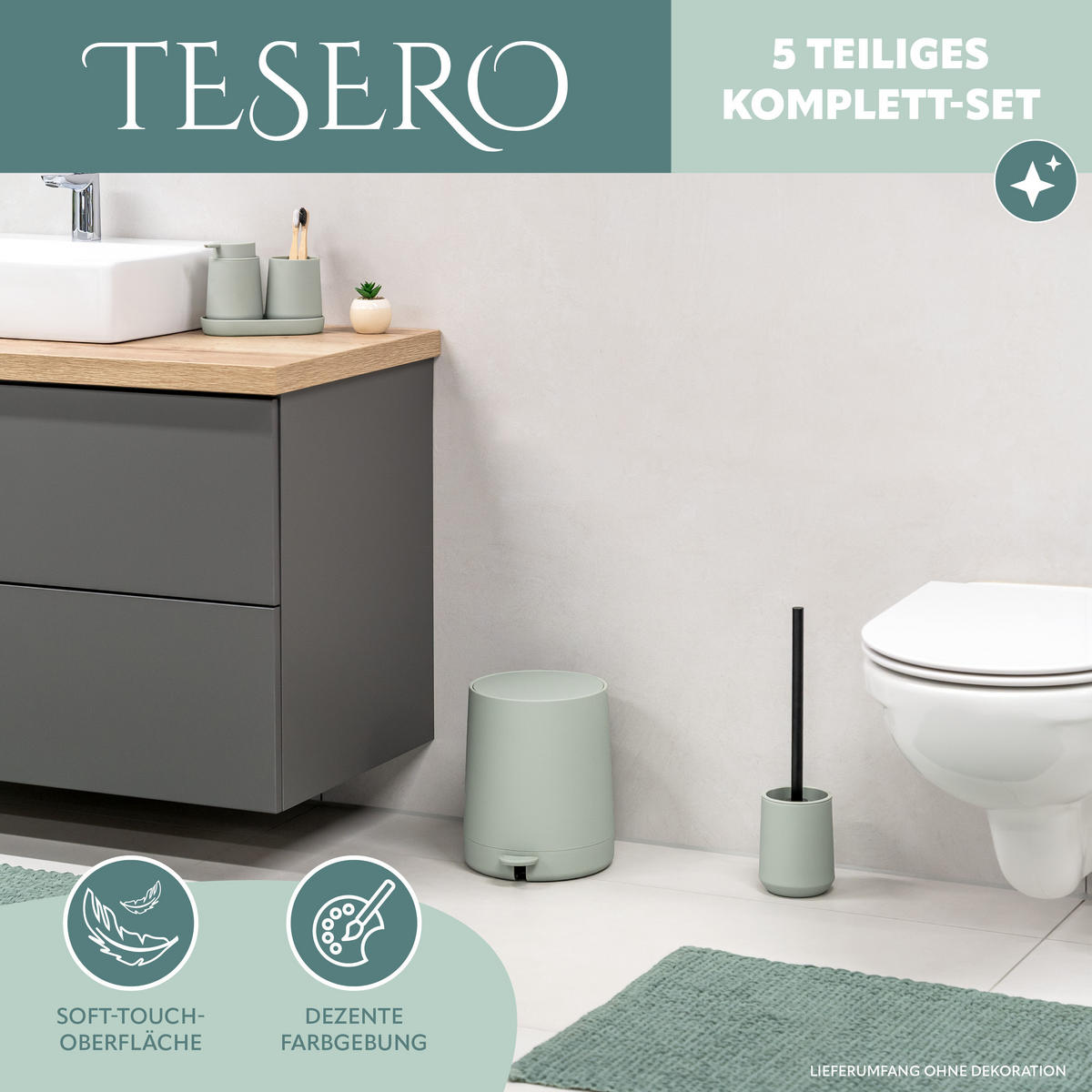 BAD-ACCESSOIRES-SET TESERO, Soft-Touch, salbei - Salbeigrün, Kunststoff (22.5/25.5/25cm) - eluno