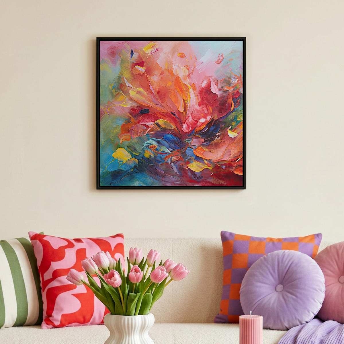 LEINWAND Bilder mit Rahmen - Ölgemälde - Kunst - Abstrakt - Farbenfroh - 50x50 - Altrosa, Textil (50/50cm) - MuchoWow